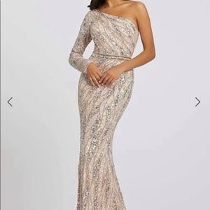 Mac Duggal Asymmetrical One Shoulder Long Sleeve Fully Sequin Gown
